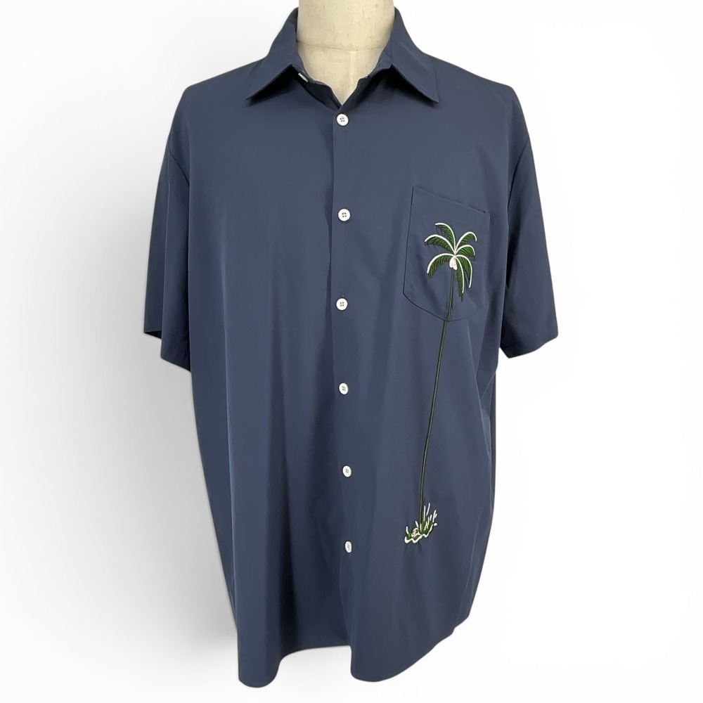 Hawalili Mens XL Blue Short Sleeve Palm Tree Embroidered Button Down Shirt‎